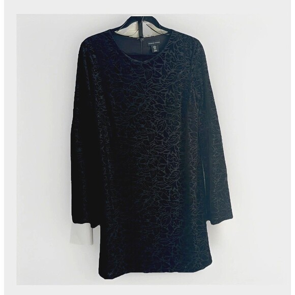 Adrienne Vittadini Black Velvet Burnout Sheath Whimsigoth Size Med Bell Sleeves - Picture 2 of 13